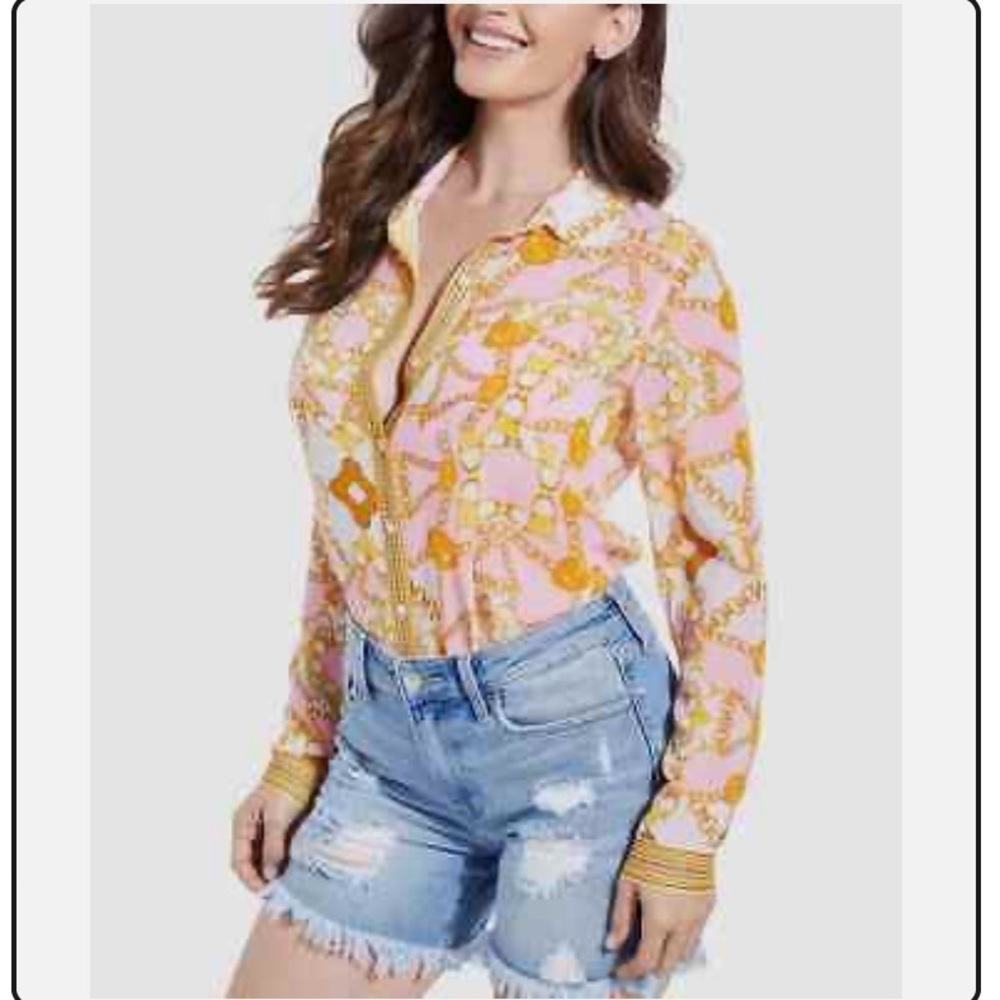 GUESS Madyson Printed Long-Sleeve Shirt Pink